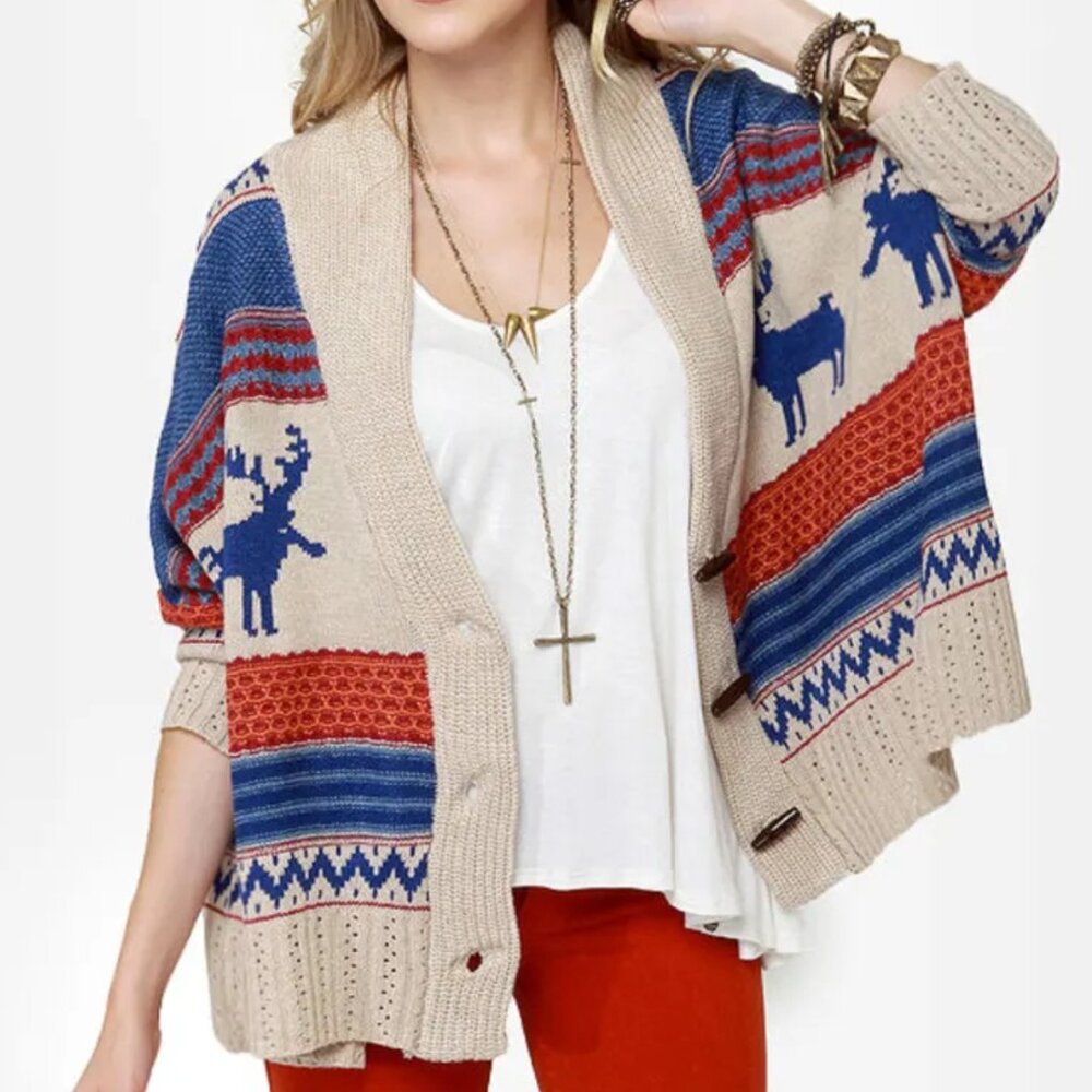 Moose Beige Cardigan Sweater Batwing Dolman Toggle Kit Loose Boho Patterned